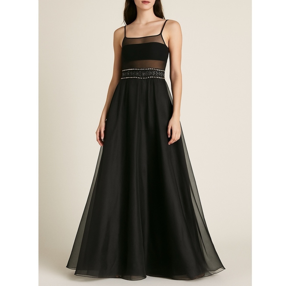 Vintage L.O.L. Black Mesh‎ Rhinestone Gown Sheer Waist Organza Prom Dress 13/14